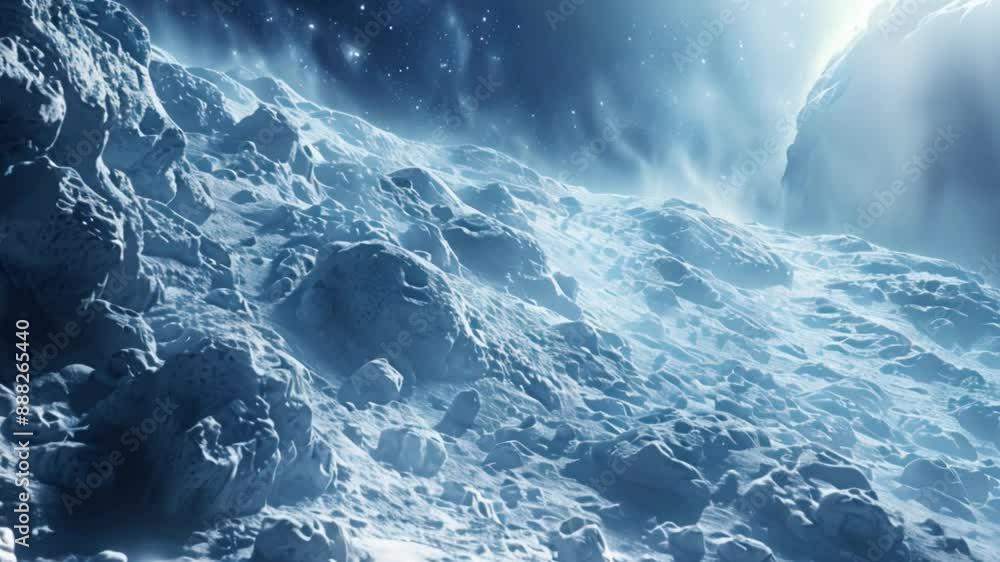 Poster a visualization of an autonomous spacecraft mapping a planetary surface covered in rocks and ice.