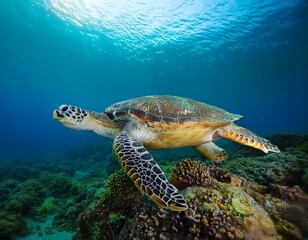 Realistische Unterwasseraufnahme einer Schildkr&ouml;te mit Sonnenlicht und Meeresbewohnern
