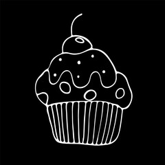 A cute hand-drawn cupcake, a black and white  cupcake icon, a pastry doodle, a cake sketch white on black