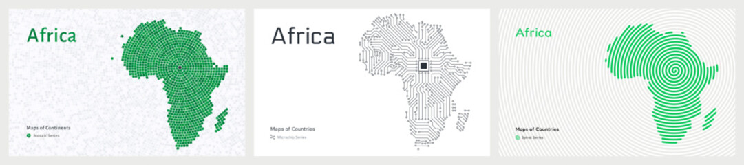 A set of stylized maps of Africa. Microchip, mosaic, and spiral pattern