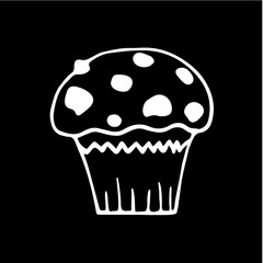 A cute hand-drawn muffin in black and white, a pastry doodle, a cake icon