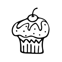A cute hand-drawn muffin , a black and white  cupcake icon, a pastry doodle, a cake sketch