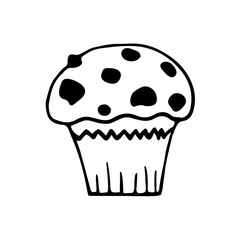 A cute hand-drawn muffin in black and white, a pastry doodle, a cake icon