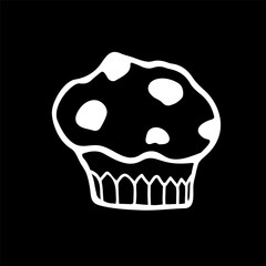 A cute hand-drawn muffin in black and white, a pastry doodle, a cake icon