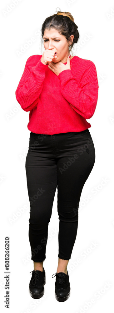 Poster young beautiful woman wearing red sweater and bun feeling unwell and coughing as symptom for cold or