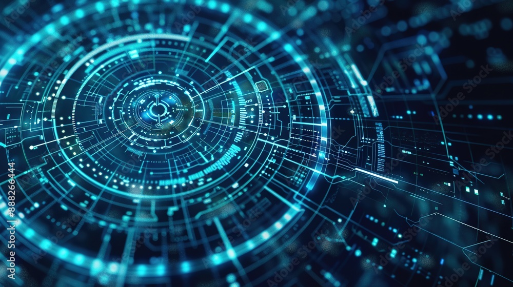 Poster abstract blue digital interface with circular pattern