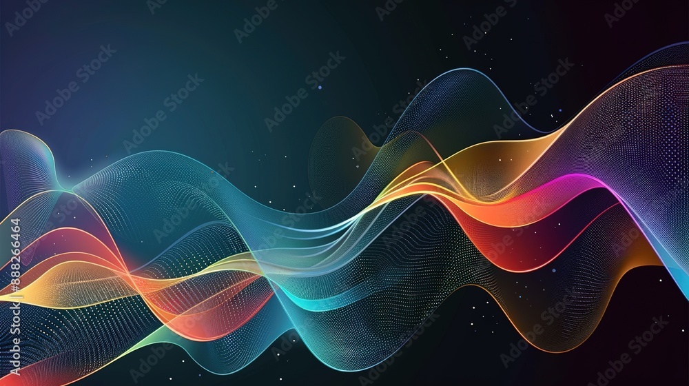 Poster abstract colorful waves on dark background with sparkling stars