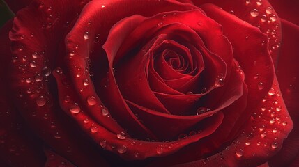 Naklejka premium Close-up of a vibrant red rose with dew drops on petals, showcasing natural beauty and elegance. Perfect for romantic and floral themes.