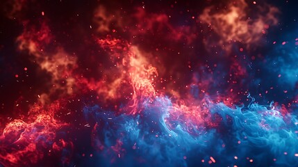 Intense firestorm background featuring red and blue flame elements, Vray-rendered. High-definition digital illustration with burning sparks.