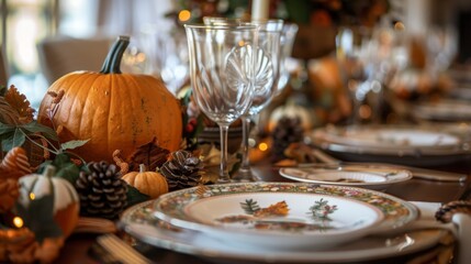 Thanksgiving Table Setting with Pumpkin Centerpiece and Autumn Decor