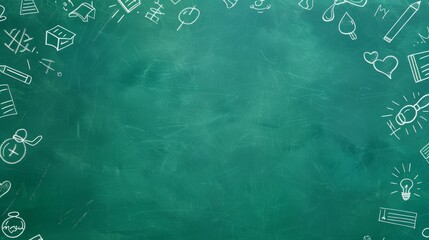 A green school teacher's chalkboard background with doodles and blank copyspace that represents childhood imagination and education success