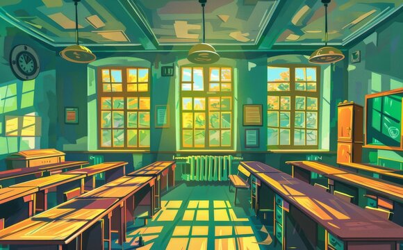 Classroom interior illustration for advertising, web, interweb promotion. Educational concept, blackboard, table, chair, whiteboard.