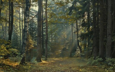 Fototapeta premium dense forest with tall trees, sunlight filtering through the leaves creating dappled light and shadow on the ground