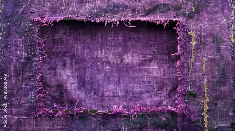Poster ragged cloth texture with violet square frame and torn threads