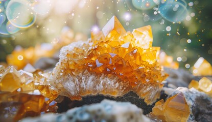 A close-up of an orange and yellow crystal cluster, surrounded by sparkling crystals on a natural background.