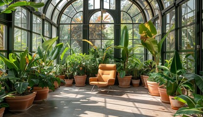 A photo of an elegant and modern greenhouse with large windows