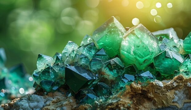 Close-up of emerald crystals on rough rock, in natural sunlight with a bokeh effect. Green background.