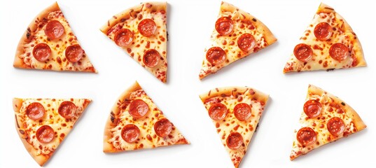 Set of pizza slices isolated on white background, flat lay. In the style of Cartoon style. Realistic photography.