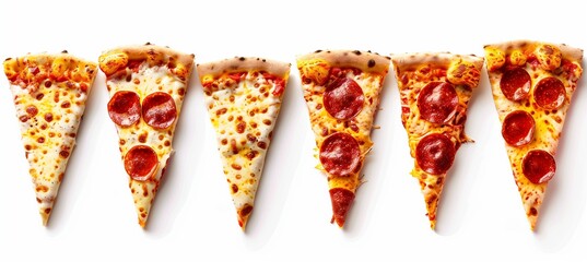 A row of slices of pizza, each with different toppings like cheese or pepperoni, arranged in an elegant line on a white background.