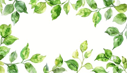 Fototapeta premium Watercolor green leaves frame, white background, border design, water color illustration