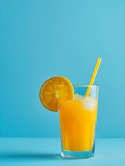 Fototapeta premium Orange Summer Drink on a blue Background with Sunlight and Shadows
