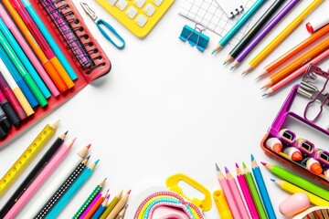 Fototapeta premium Isolated on a white background with copy space, school supplies double border. Back to school concept.