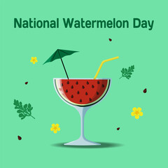 watermelon cocktail in a glass with an umbrella and a straw on a green background