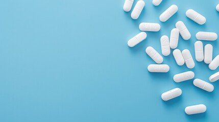 Healthcare concept with white capsules on blue table and copy space for pain relievers or prescription drug consumption