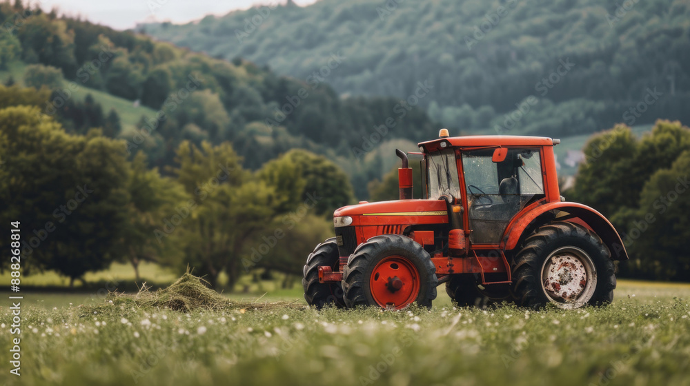 Poster a red tractor is parked in a field of grass