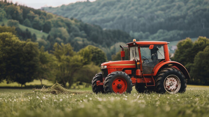 Fototapeta premium A red tractor is parked in a field of grass