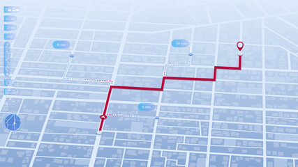 Location tracker dashboard with data of arrive time on city map. Isometric map of territory for search map navigation. Fragments of city. Vector illustration