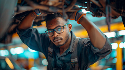 Car mechanic worker wearing a blue uniform and a cap, standing under the car in a modern garage room, and repairing or fixing automobile vehicle parts. Technician service and maintenance occupation