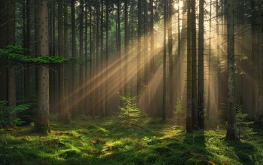 Obraz premium dense forest with tall trees, sunlight filtering through the leaves creating dappled light and shadow on the ground