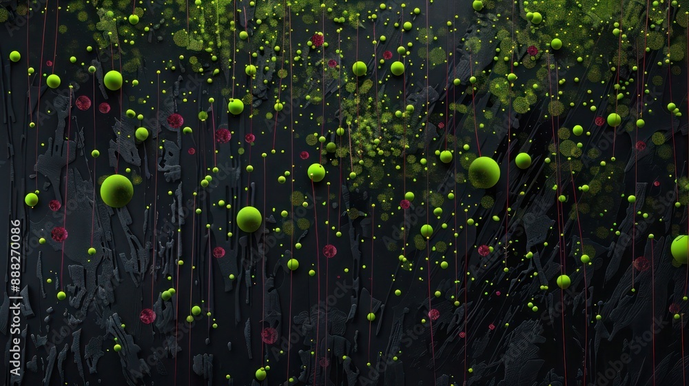 Poster moss green dots and ruby lines on a charcoal black background, focused area for text in the upper ce