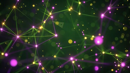 Fototapeta premium Neon purple dots connected by glowing yellow lines against a dark green backdrop, with designated text space in the upper center