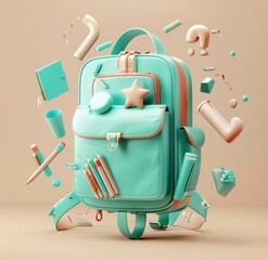 Obraz premium A pale orange backpack surrounded by flying school stationery