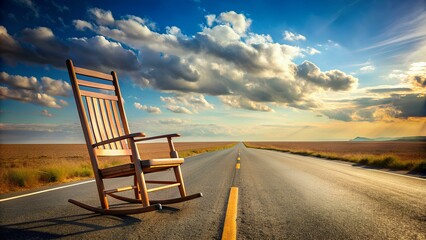 Image Title: "Journey to Tranquility: An Empty Rocking Chair on a Long Road at Sunset Symbolizing Reflection, Freedom, and the Peace of Retirement