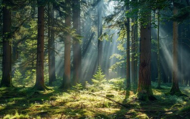 Fototapeta premium dense forest with tall trees, sunlight filtering through the leaves creating dappled light and shadow on the ground