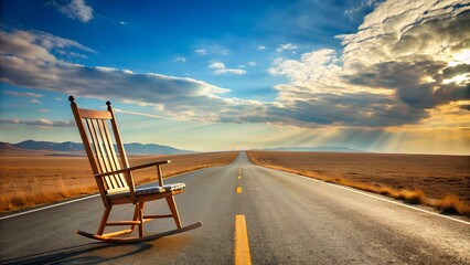 Image Title: "Journey to Tranquility: An Empty Rocking Chair on a Long Road at Sunset Symbolizing Reflection, Freedom, and the Peace of Retirement