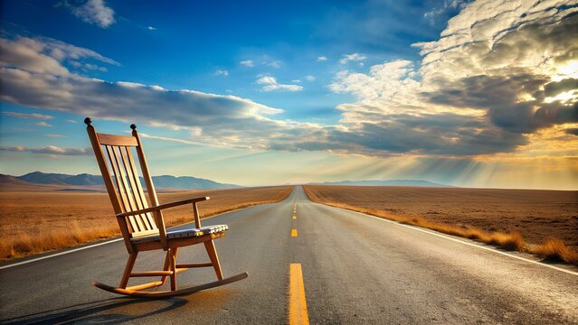 Image Title: "Journey to Tranquility: An Empty Rocking Chair on a Long Road at Sunset Symbolizing Reflection, Freedom, and the Peace of Retirement - Powered by Adobe