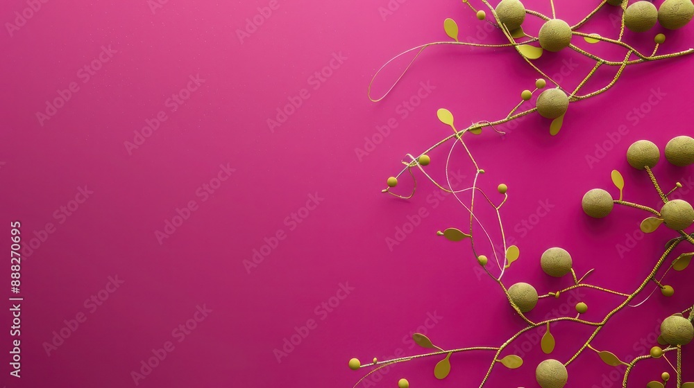 Aufkleber light sage dots linked by olive threads on a vibrant magenta background, text space in the bottom ri