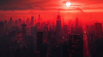 Fototapeta premium sky scrappers in red sky, sunset ai generated 