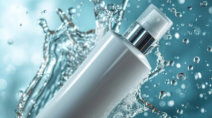 A floating lotion tube atop calm waters, ideal for serene nature or self-care visuals