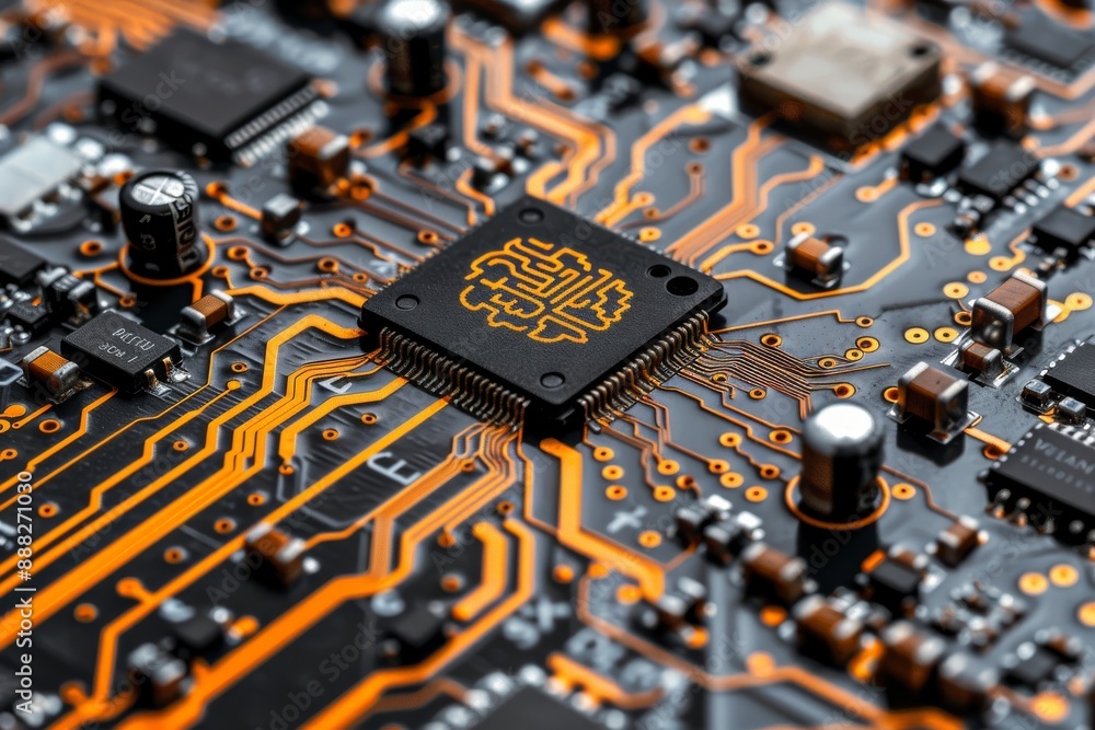 Poster close-up of a brain-shaped chip on a motherboard, representing artificial intelligence and technolog
