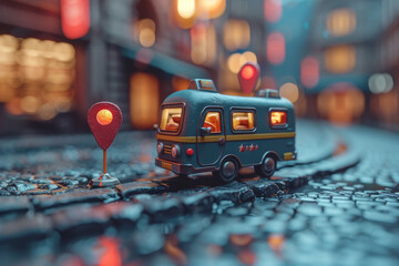 3D rendering of a green food delivery box on the road with two red map pins against a simple background in the style of a cartoon.