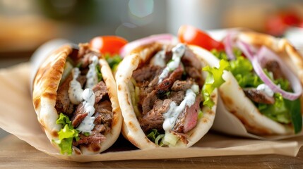 Greek gyro sandwich with sliced lamb, tzatziki sauce, lettuce, tomatoes, and onions in pita bread
