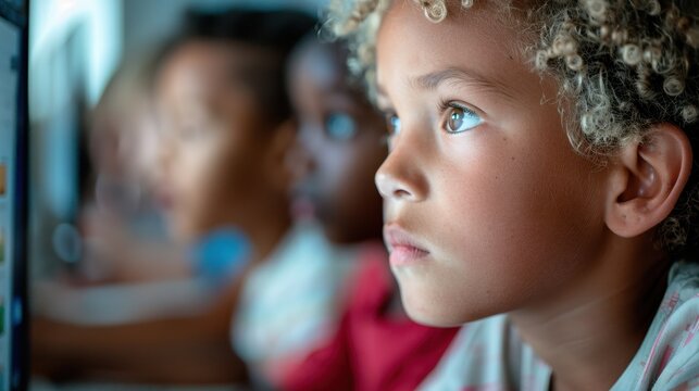 Children engaged in a computer-based learning activity, focusing intently on the screens, highlighting the integration of technology and education in modern classrooms.