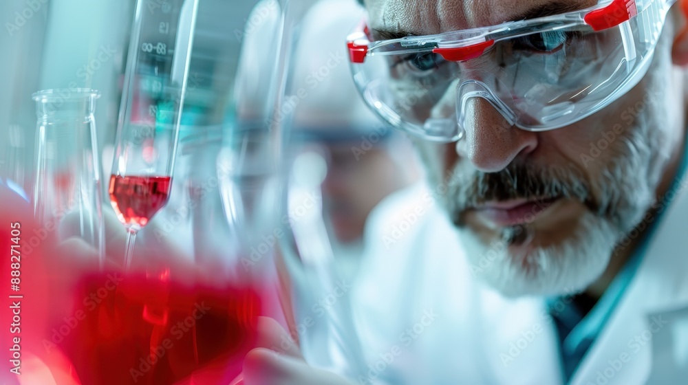 Poster a chemist conducting an experiment in a laboratory with red liquid in a flask, showcasing the intens