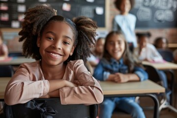 A biracial girl with braided hair smiles in a copy room