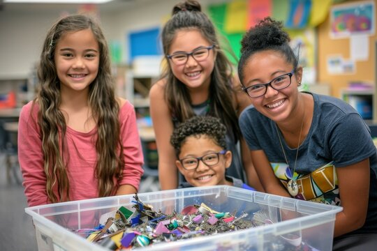 Children in an elementary school classroom learn how to recycle with their teacher